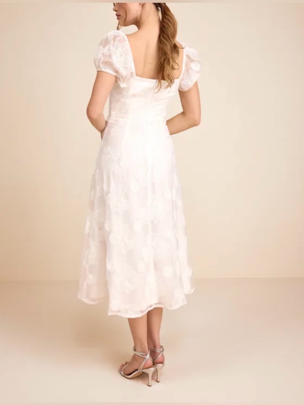 Lulus NWT “Sweetest Behavior” White Embroidered Puff Sleeve Midi Dress Sz Small - Picture 5 of 14